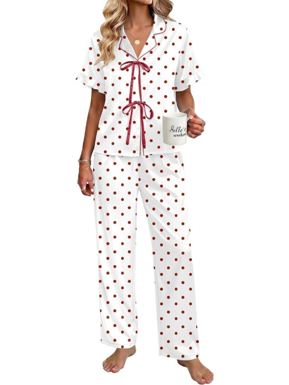 Women's White Polka Silky Tie Front Ruffle breathable Sleepwear Pajama Sets